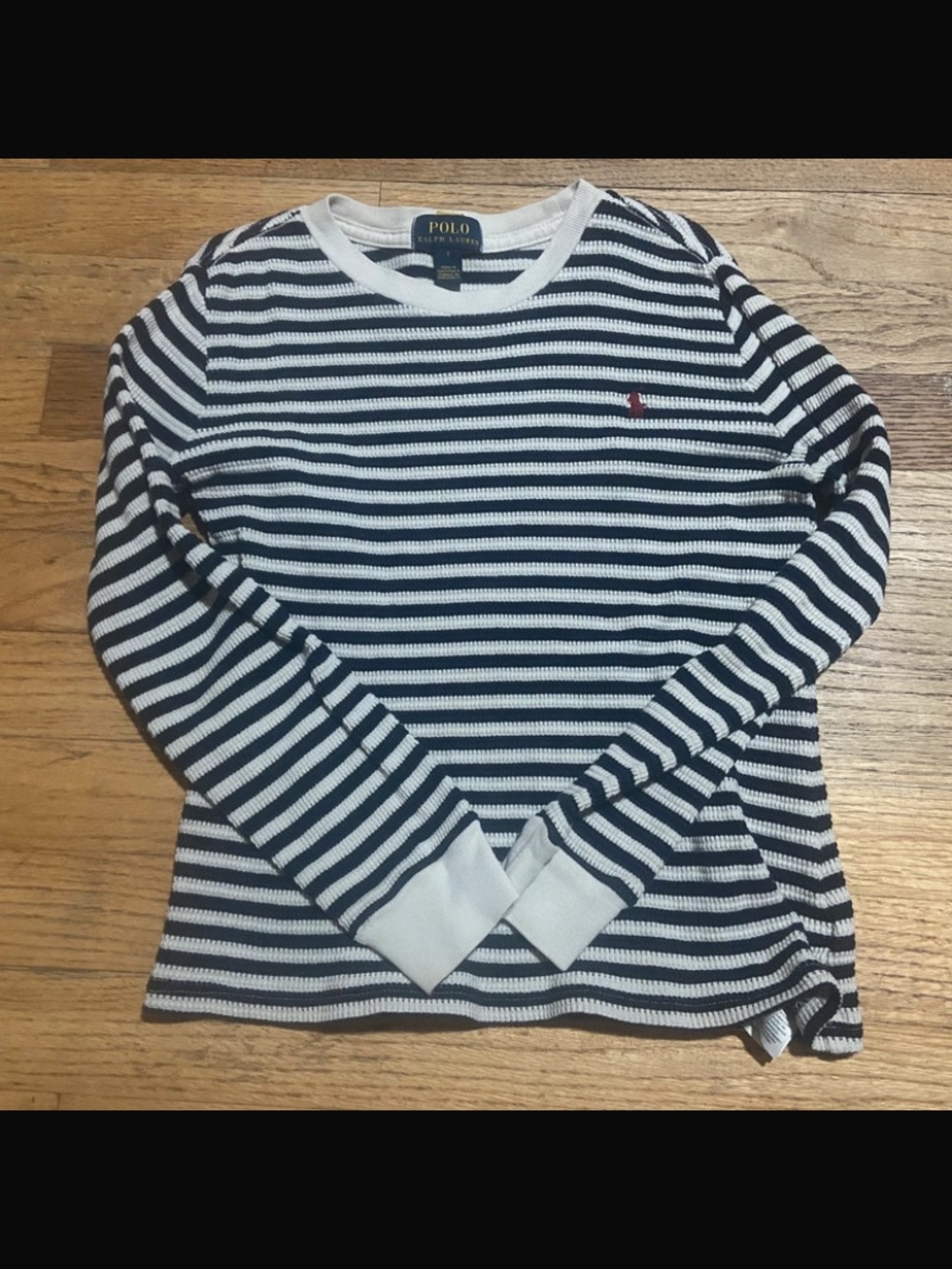 Polo Ralph Lauren Navy Striped Waffle Knit Thermal Long Sleeve Shirt Size 7